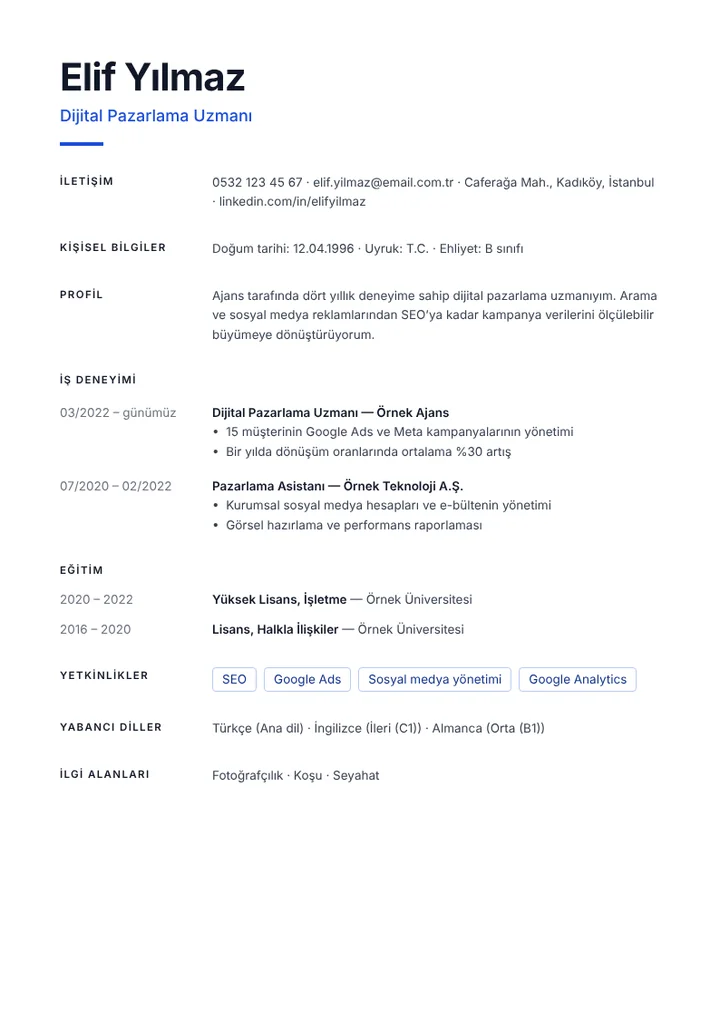 Örnek bilgilerle doldurulmuş Minimal CV şablonu