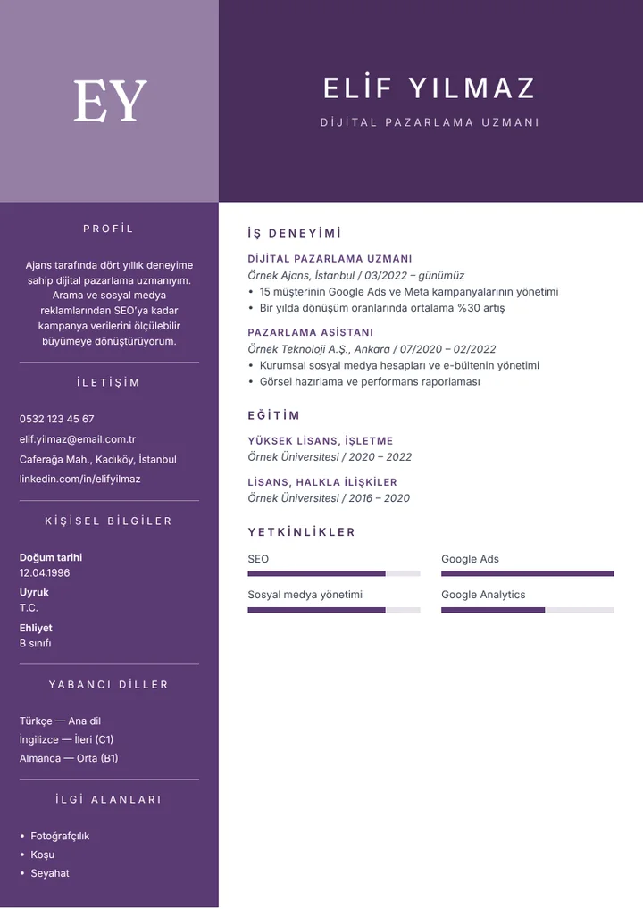 Örnek bilgilerle doldurulmuş Prestij CV şablonu