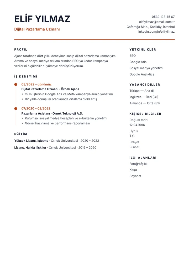 Örnek bilgilerle doldurulmuş Zaman Çizelgesi CV şablonu