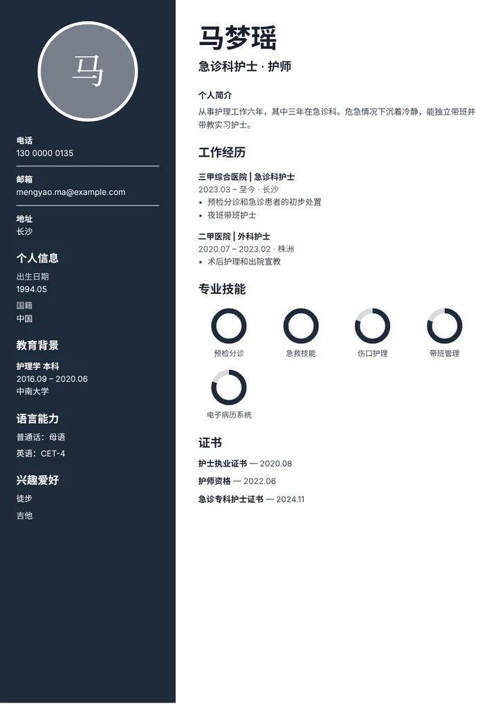 急诊科护士的简历范文