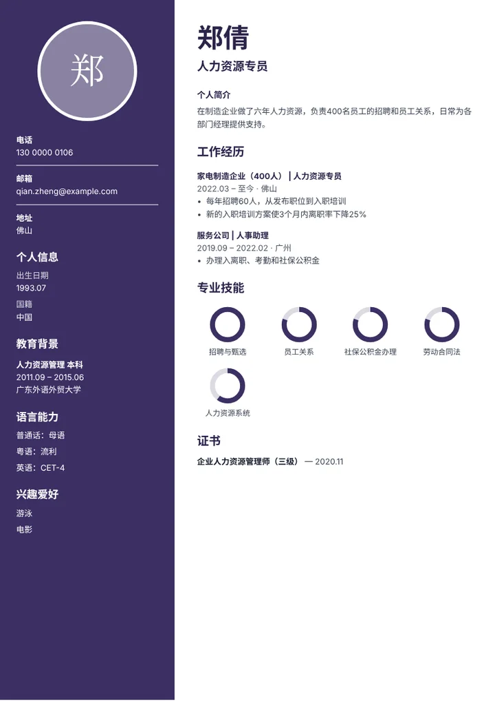 人力资源专员的简历范文
