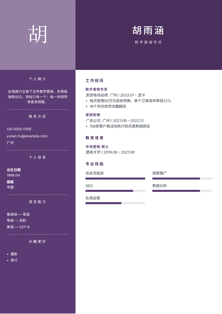 有量化成果的数字营销专员简历范文