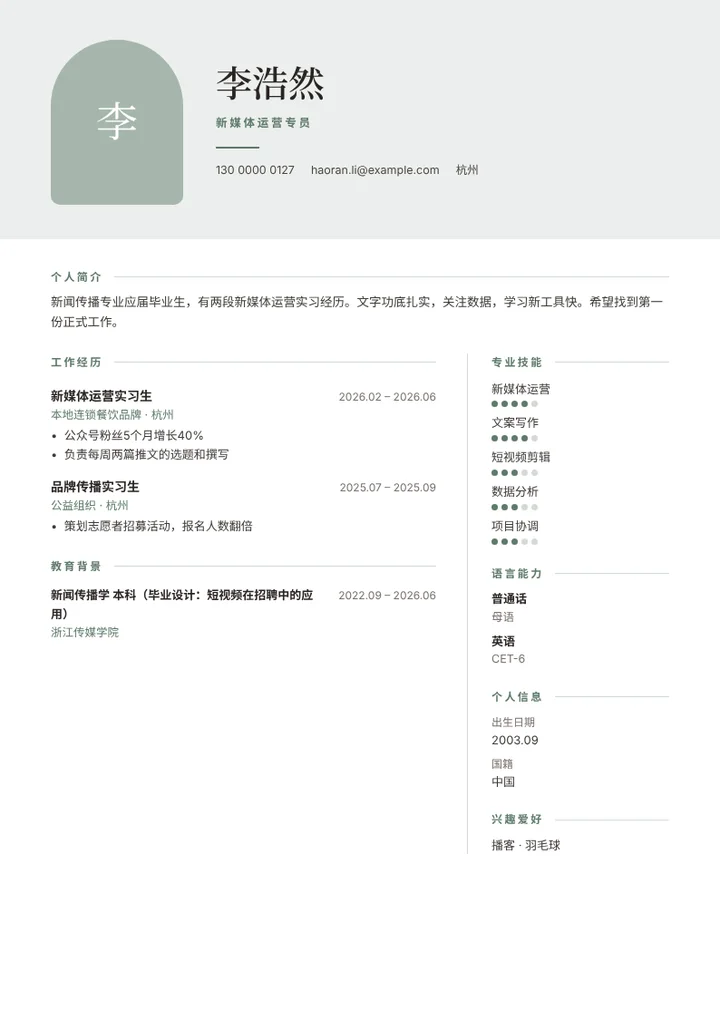 新媒体运营方向应届毕业生的简历范文