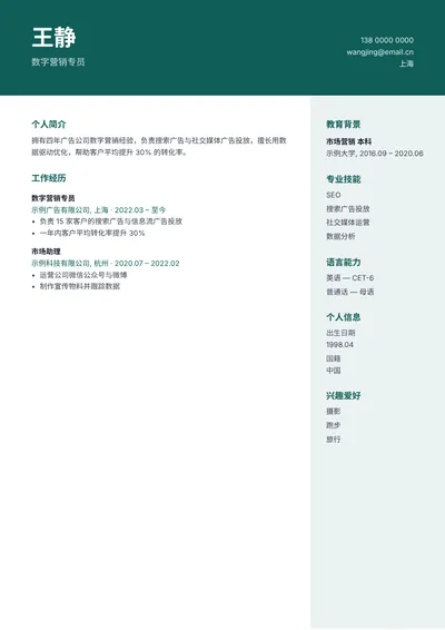 “横幅”简历模板预览